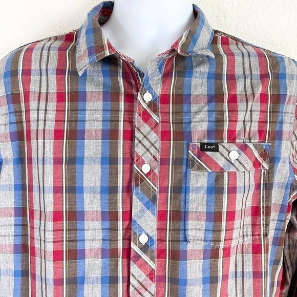 Lee Men's Red Blue Plaid Button Down Front Long Sleeve Collared Shirt XL Western - Picture 2 of 4